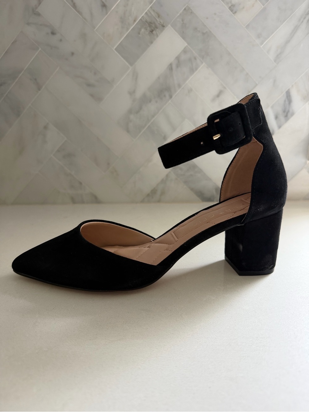 Kurt Geiger Black Suede Pointed-Toe Ankle-Strap Heels - Picture 3 of 8